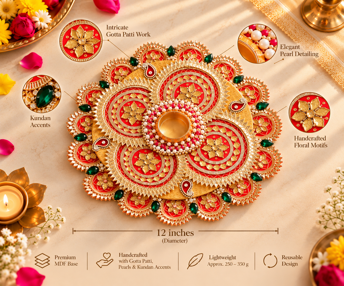 Kesari Red & Gold Floral Gotta Patti Rangoli Plate with Pearl & Kundan Detailing