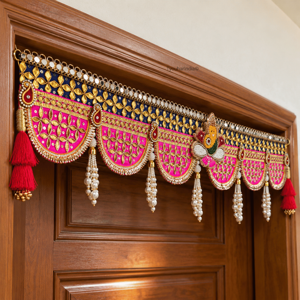 Rani Pink & Royal Blue Gota Patti with Ganesha Toran Bandhanwar