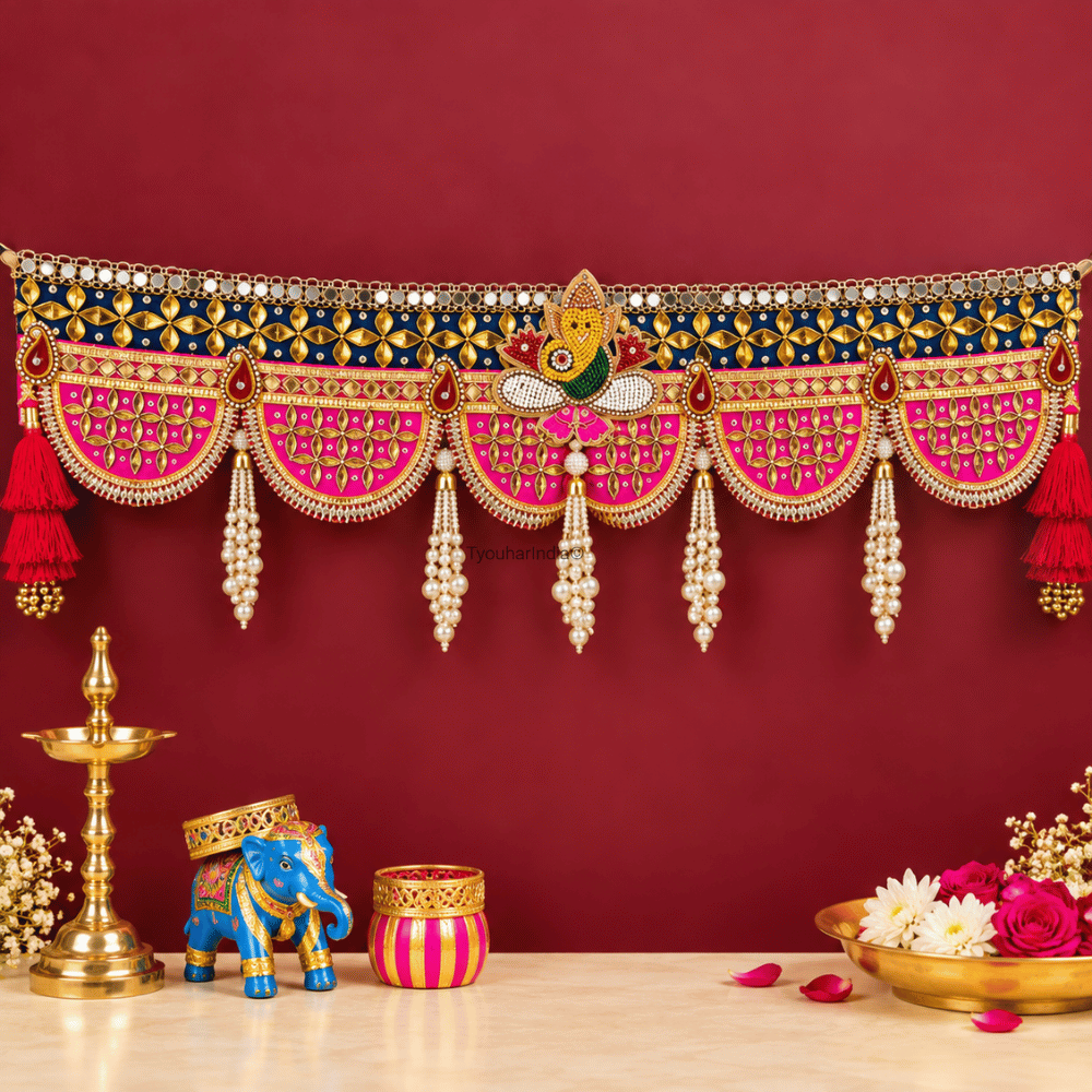 Rani Pink & Royal Blue Gota Patti with Ganesha Toran Bandhanwar