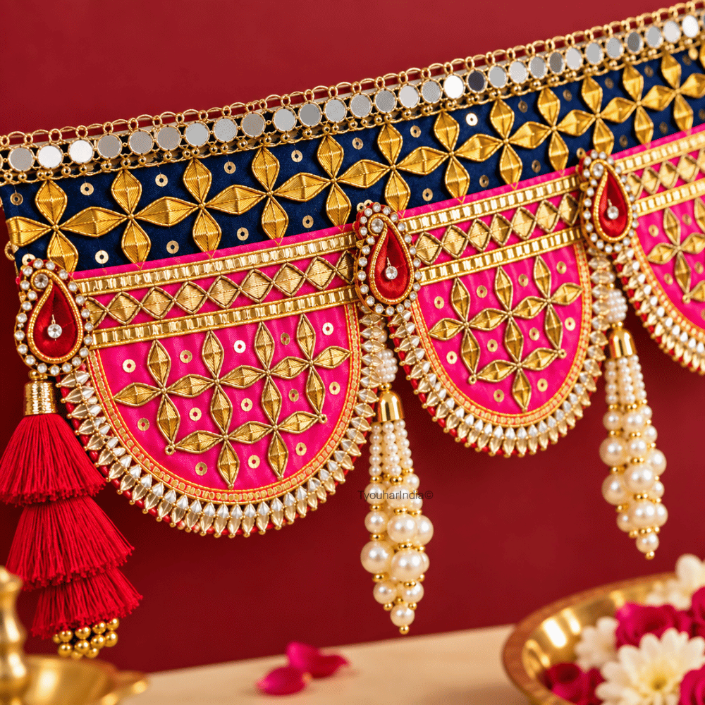 Rani Pink & Royal Blue Gota Patti with Ganesha Toran Bandhanwar