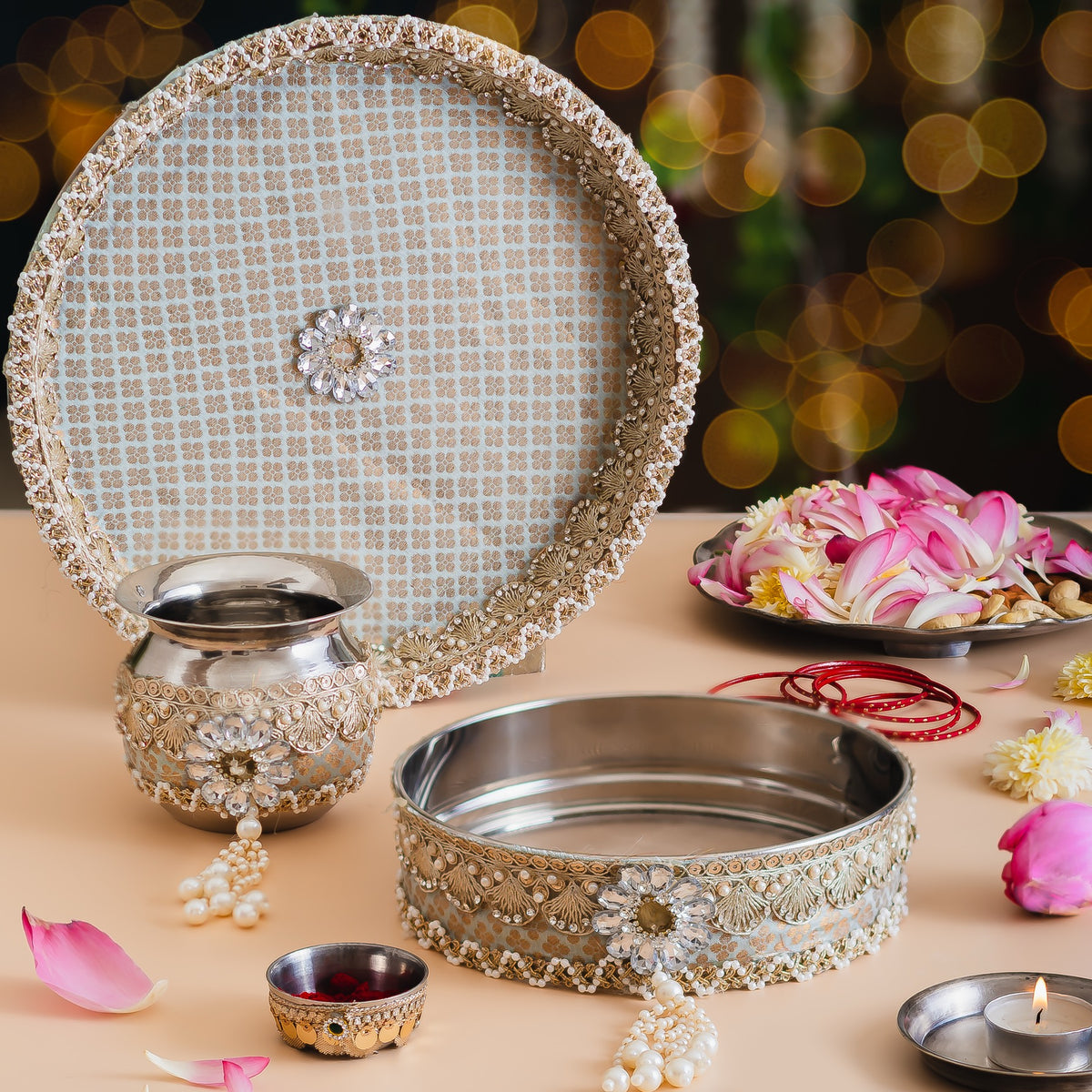 Karwa Chauth Pooja Thali Set – Olive Banarasi with Pearl, Stone & Tassel Detailing