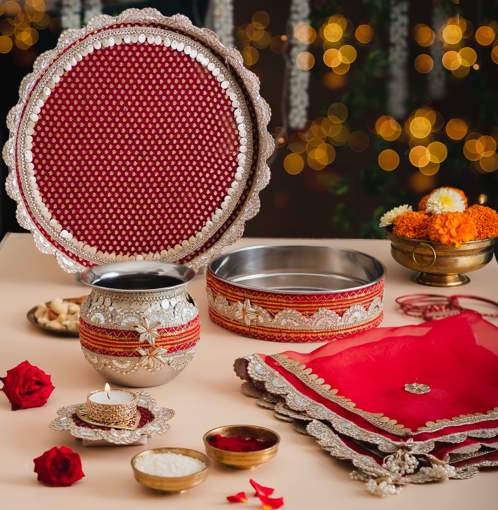 Karwa Chauth Pooja Thali Set with Cover – Handcrafted Red & Silver Gota Patti Design