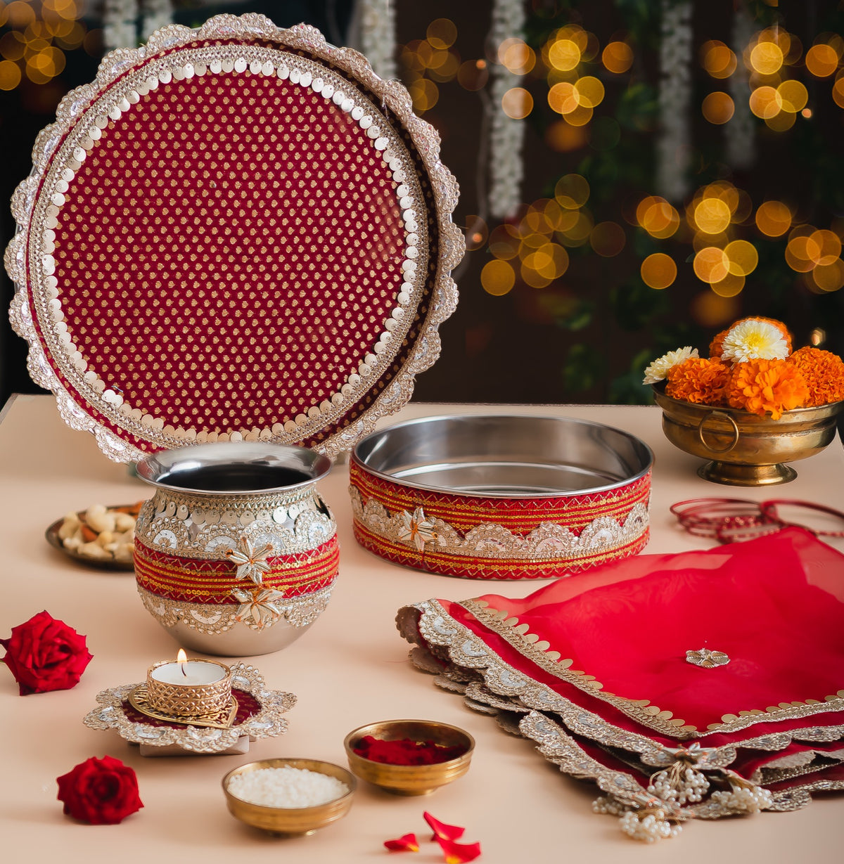 Karwa Chauth Pooja Thali Set with Cover – Handcrafted Red & Silver Gota Patti Design
