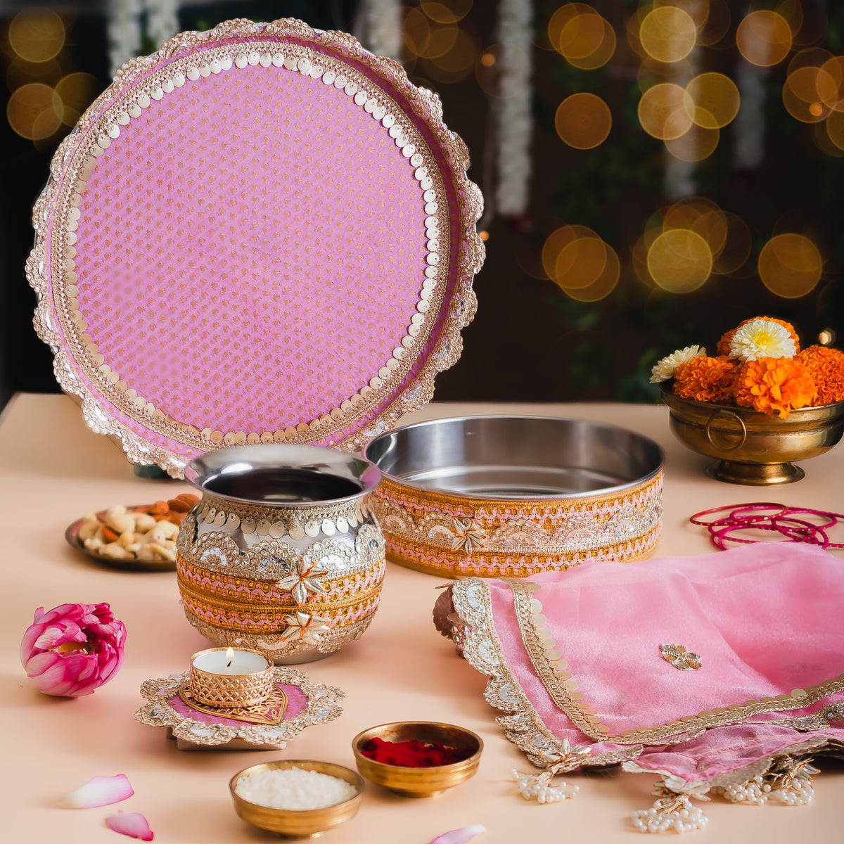 Karwa Chauth Pooja Thali Set with Cover – Handcrafted Pink & Silver Gota Patti Design