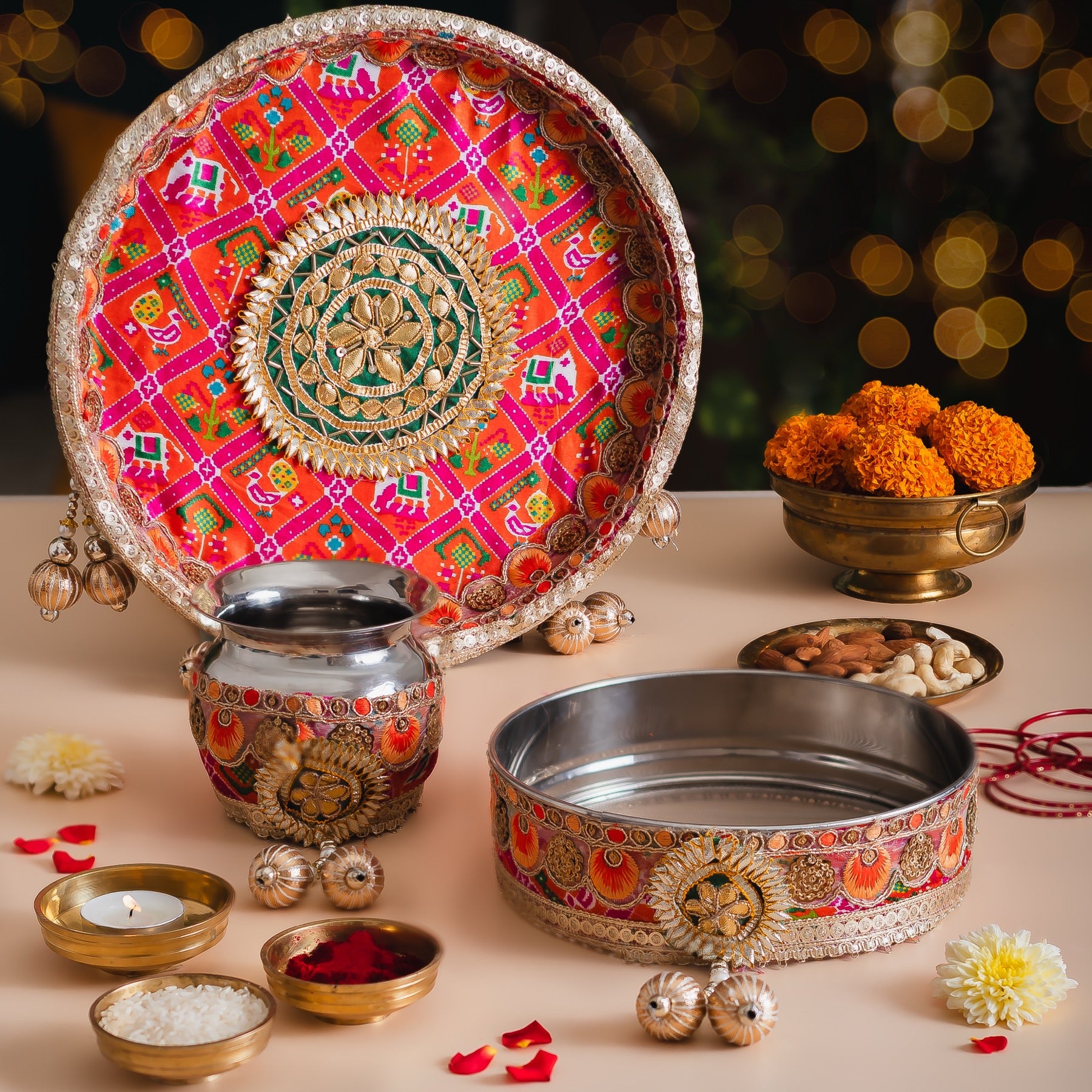 Karwa Chauth Pooja Thali Set – Bandhani Print with Gotta Patti work Tassel