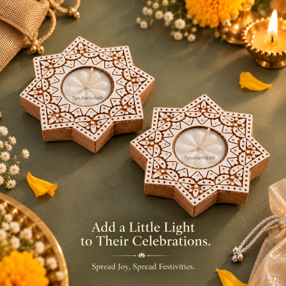 Ashtara Hand-Carved Jamun Wood Star Diya Tea Light Candle Holder.