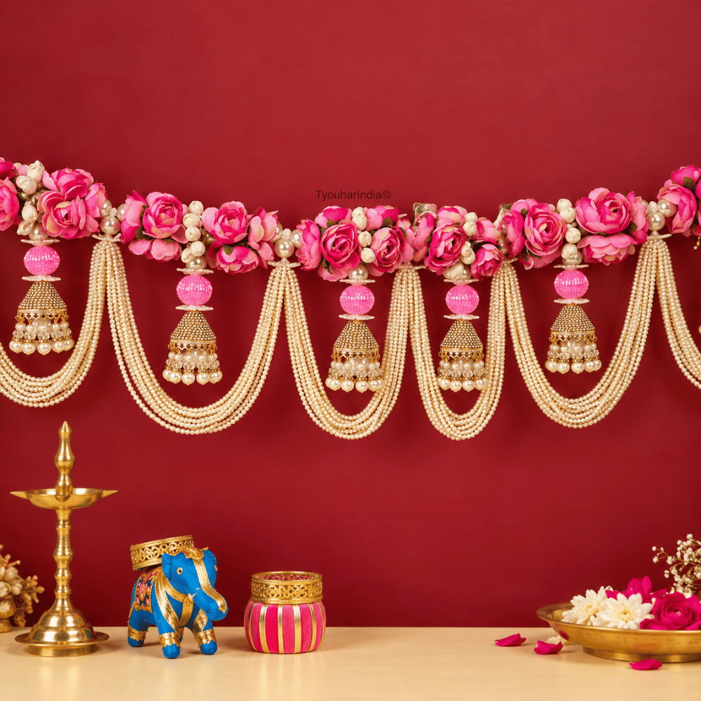 Pink Floral Pearl Swag & Jhumka Toran Bandhanwar