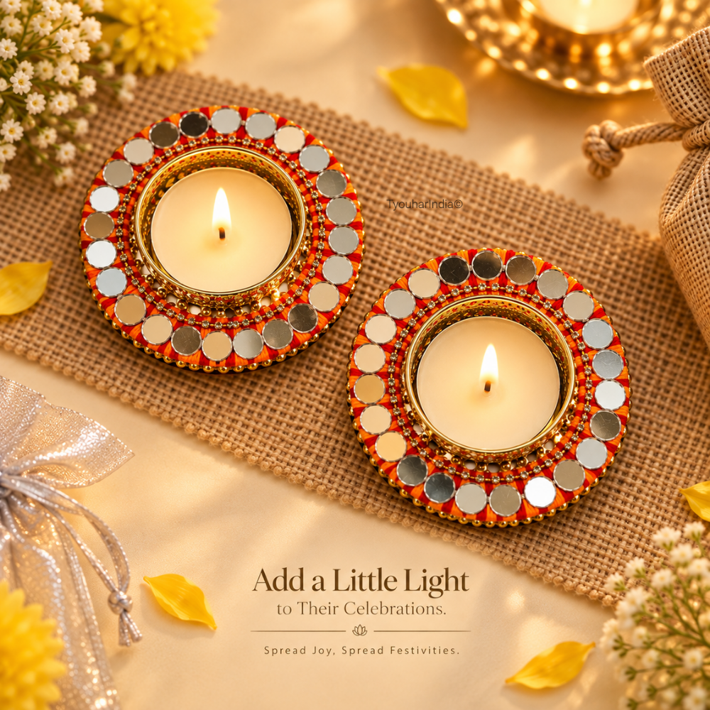 Kesari Mandala Thread & Mirror Round Diya Tea Light Candle Holder