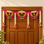 White Floral Fabric Pom Pom Swag Toran Bandhanwar
