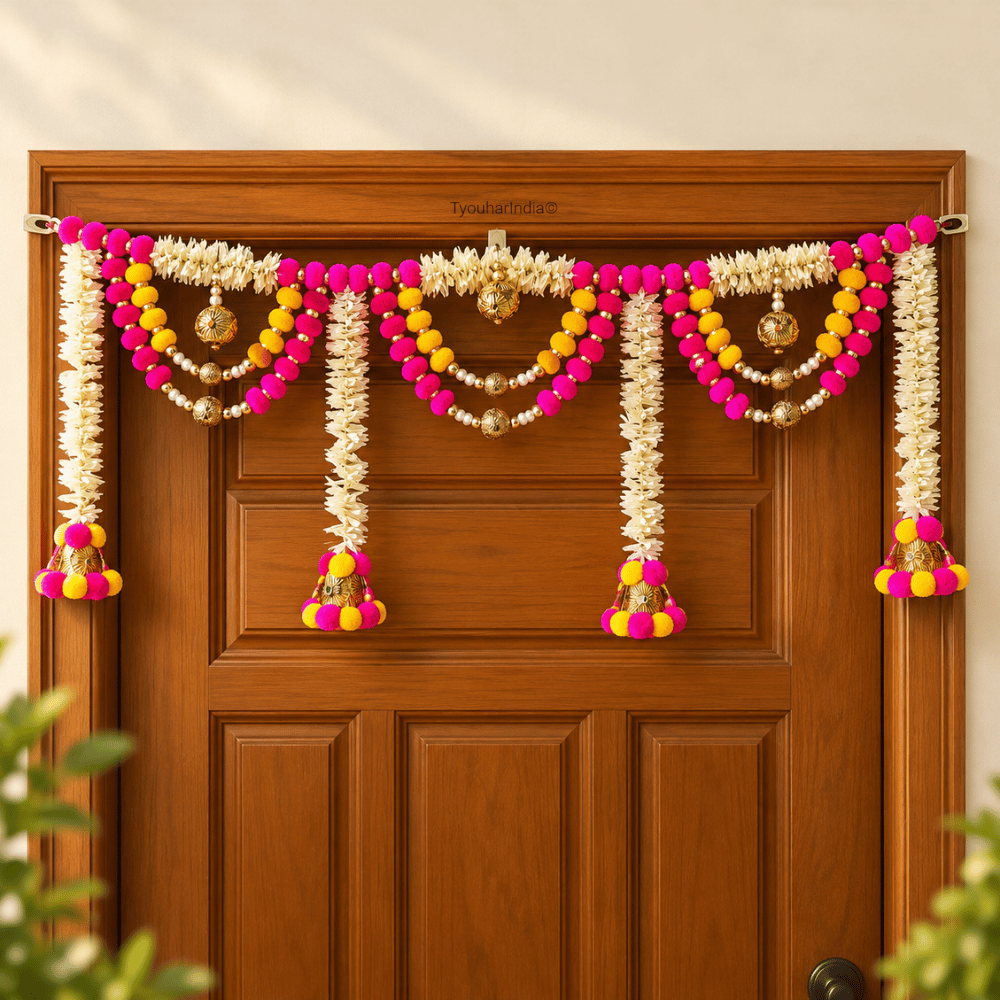 White Floral Fabric Pom Pom Swag Toran Bandhanwar
