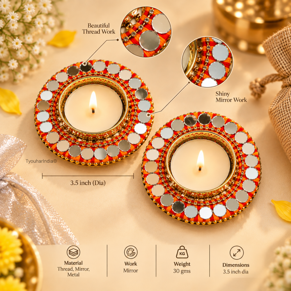 Kesari Mandala Thread & Mirror Round Diya Tea Light Candle Holder