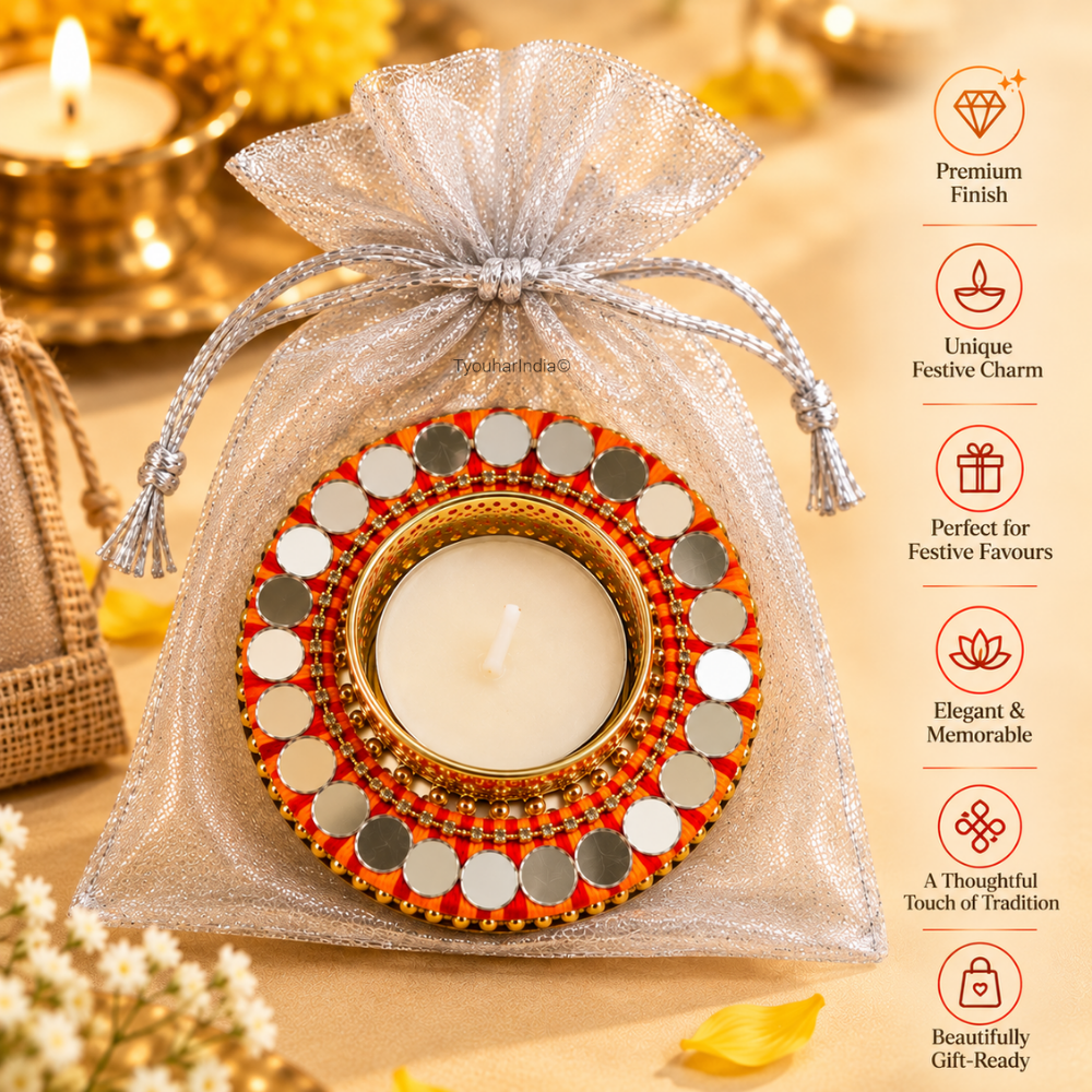 Kesari Mandala Thread & Mirror Round Diya Tea Light Candle Holder