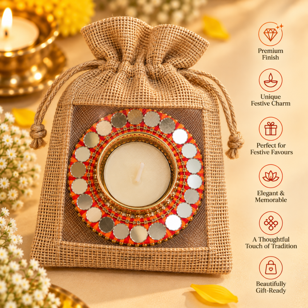 Kesari Mandala Thread & Mirror Round Diya Tea Light Candle Holder