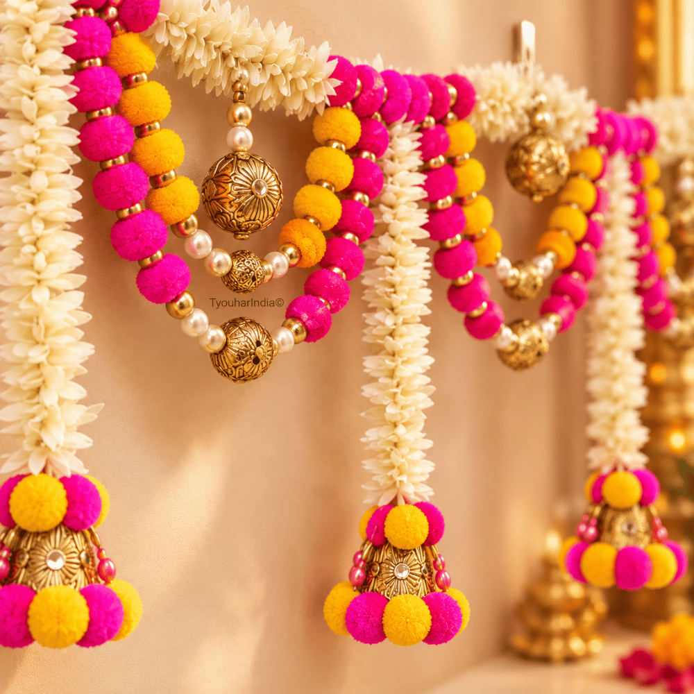 White Floral Fabric Pom Pom Swag Toran Bandhanwar
