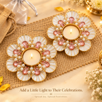 Ratna Kusum Pearl & Pink Crystal Floral Shell Diya Tea Light Candle Holder