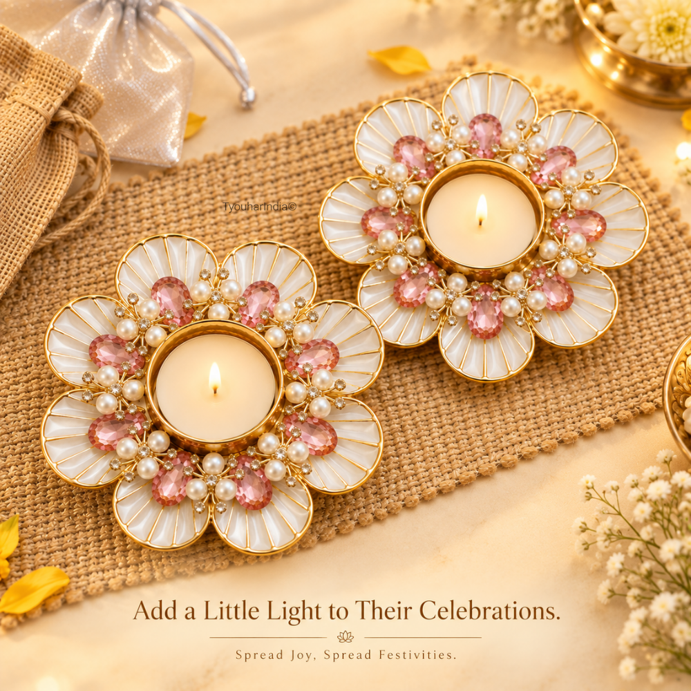 Ratna Kusum Pearl & Pink Crystal Floral Shell Diya Tea Light Candle Holder