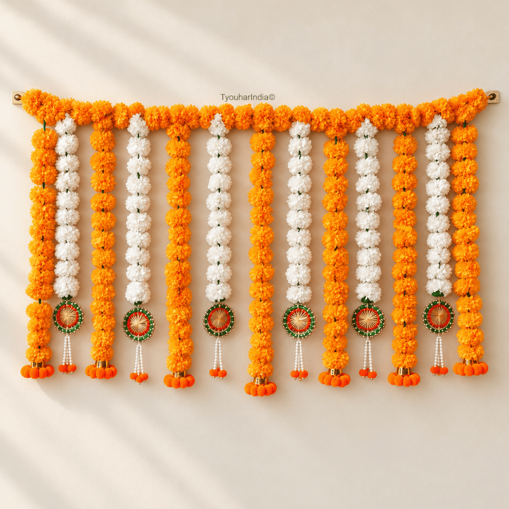 Orange & White Marigold Floral Curtain Toran Bandhanwar