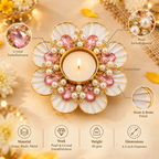 Ratna Kusum Pearl & Pink Crystal Floral Shell Diya Tea Light Candle Holder