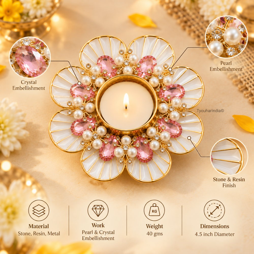 Ratna Kusum Pearl & Pink Crystal Floral Shell Diya Tea Light Candle Holder