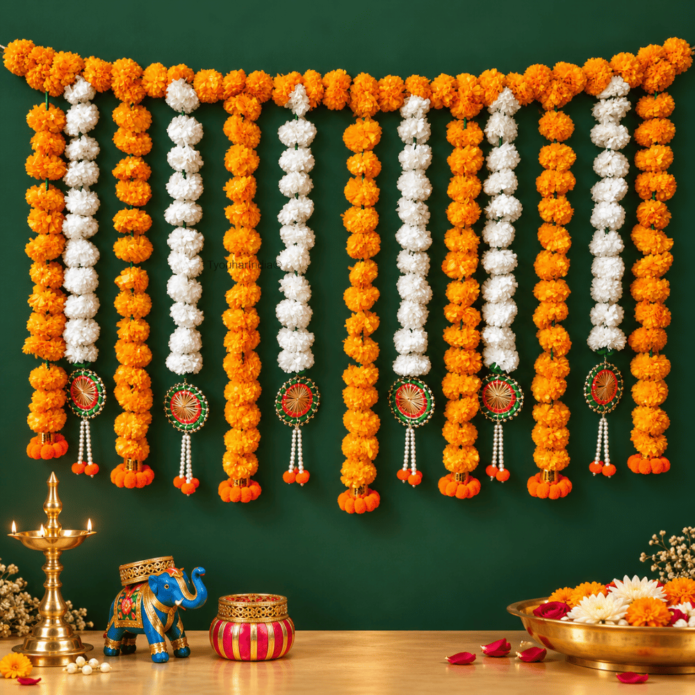 Orange & White Marigold Floral Curtain Toran Bandhanwar