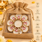 Ratna Kusum Pearl & Pink Crystal Floral Shell Diya Tea Light Candle Holder