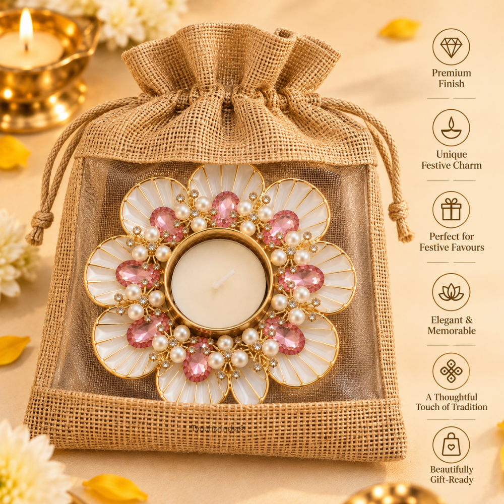 Ratna Kusum Pearl & Pink Crystal Floral Shell Diya Tea Light Candle Holder