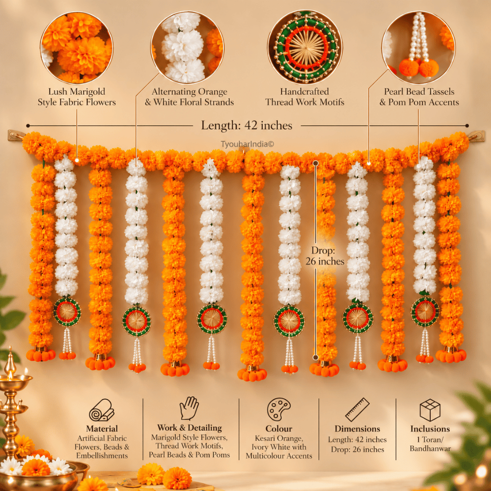Orange & White Marigold Floral Curtain Toran Bandhanwar