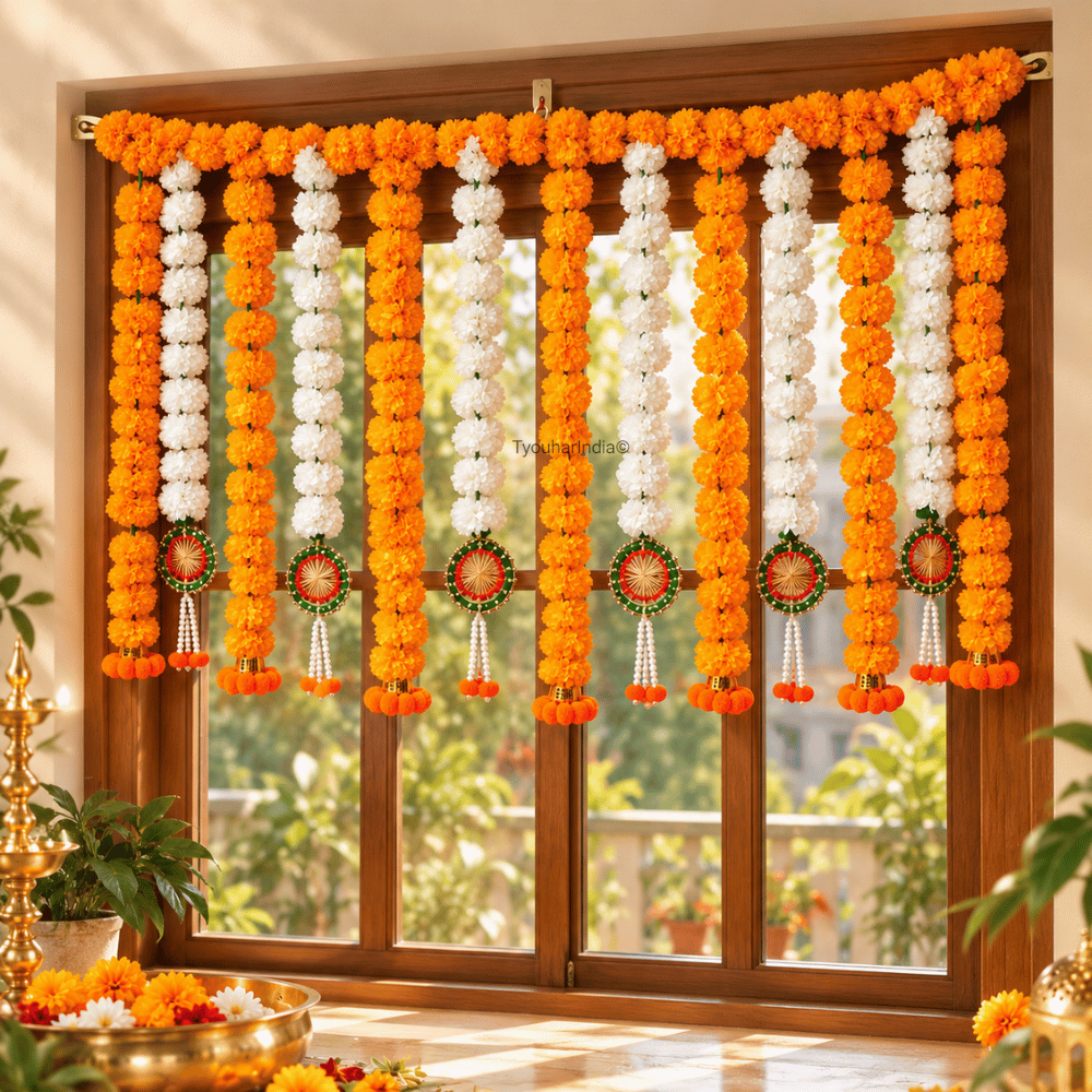 Orange & White Marigold Floral Curtain Toran Bandhanwar