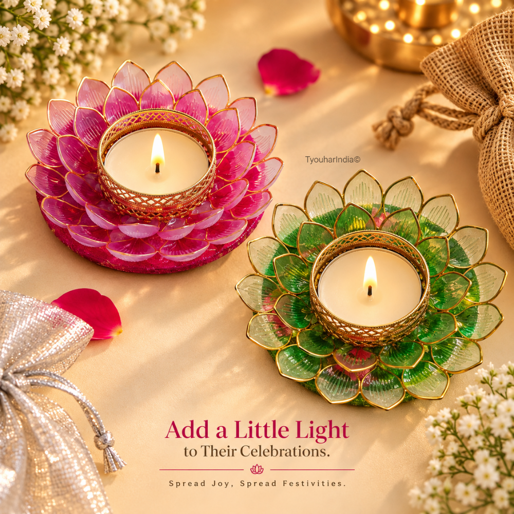 Gulbagh Fuchsia & Green Resin Lotus Diya Tea Light Candle Holder