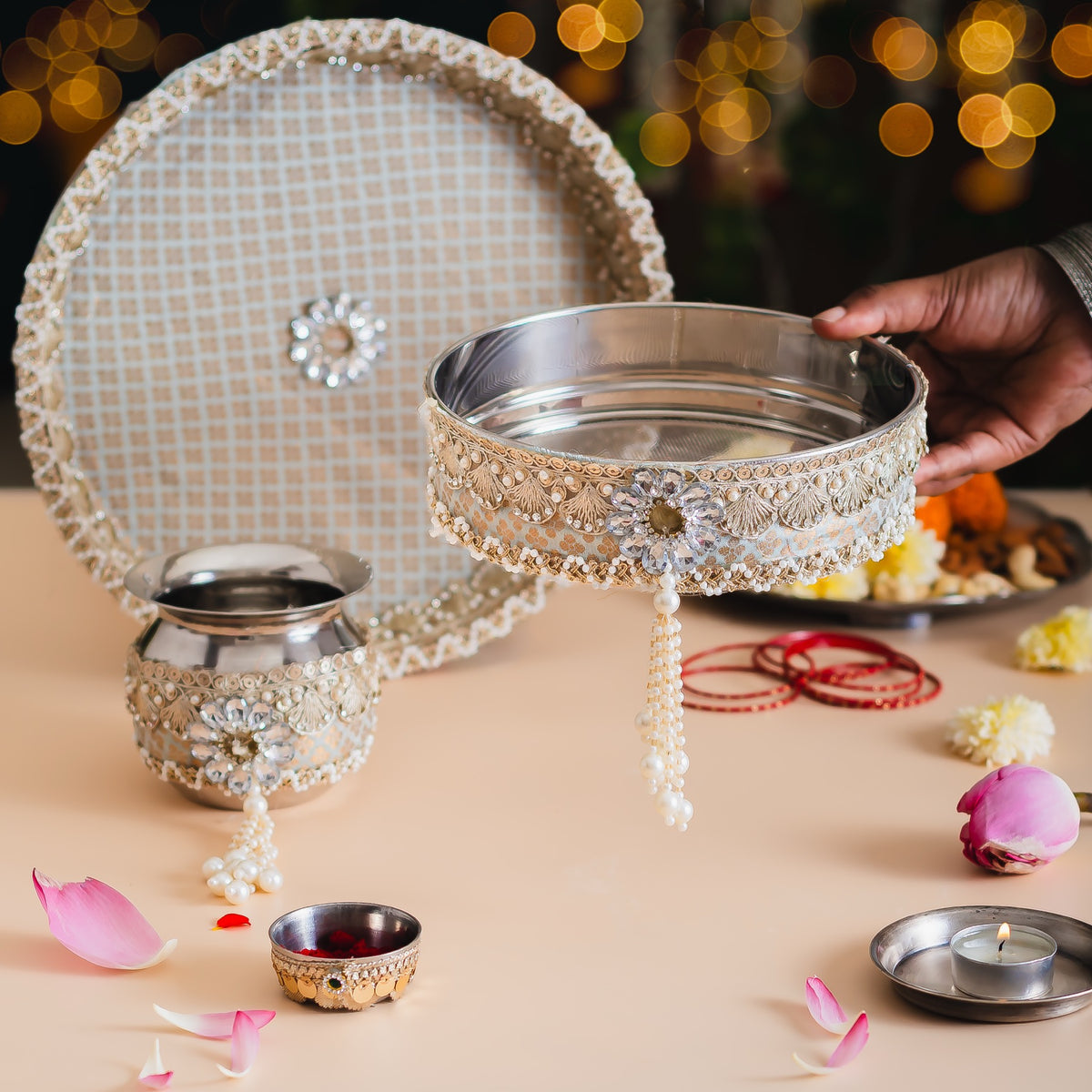 Karwa Chauth Pooja Thali Set – Olive Banarasi with Pearl, Stone & Tassel Detailing