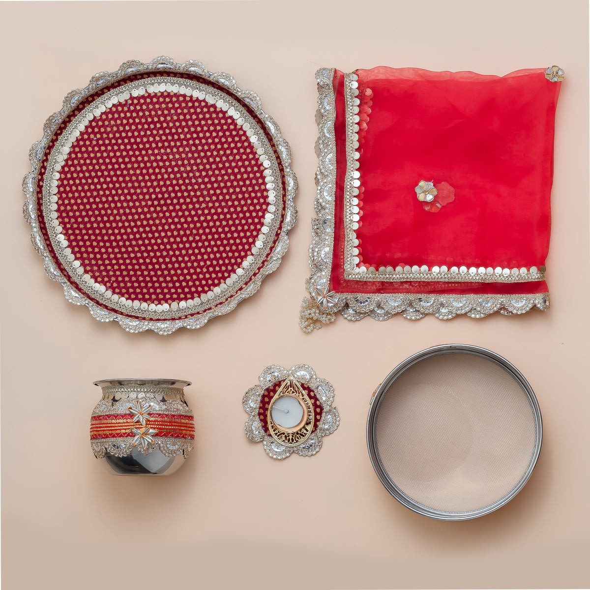 Karwa Chauth Pooja Thali Set with Cover – Handcrafted Red & Silver Gota Patti Design