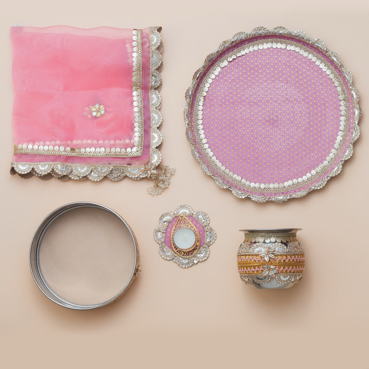 Karwa Chauth Pooja Thali Set with Cover – Handcrafted Pink & Silver Gota Patti Design