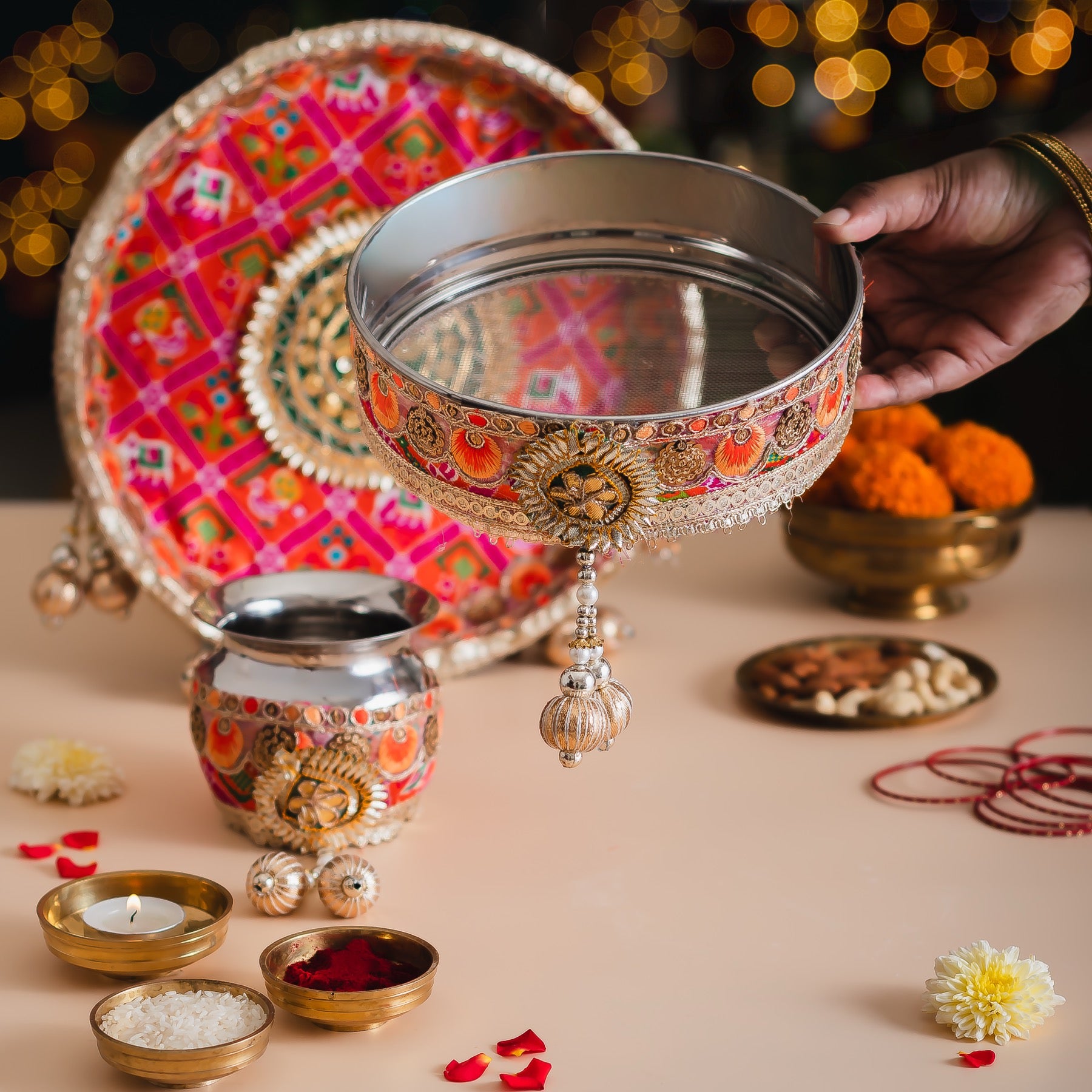 Karwa Chauth Pooja Thali Set – Bandhani Print with Gotta Patti work Tassel