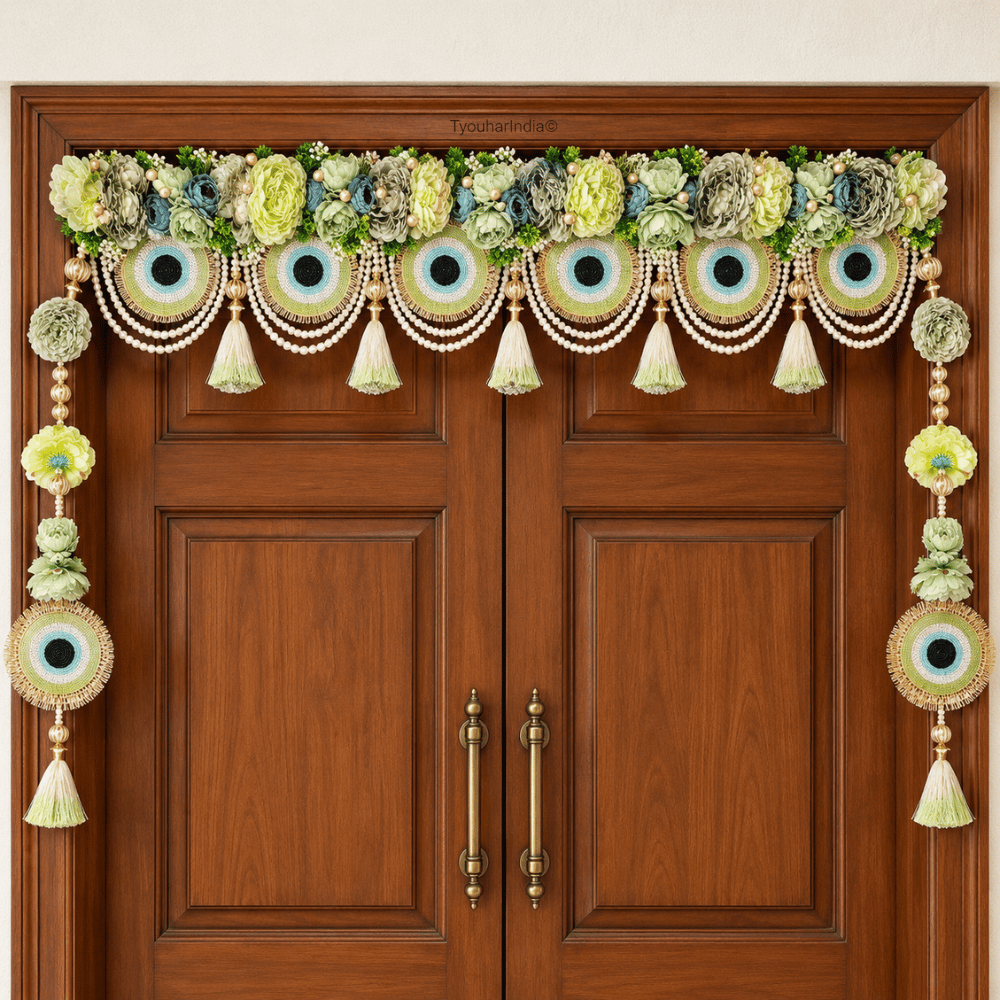 Sage Green Floral Evil Eye & Pearl Embellished Toran Bandhanwar