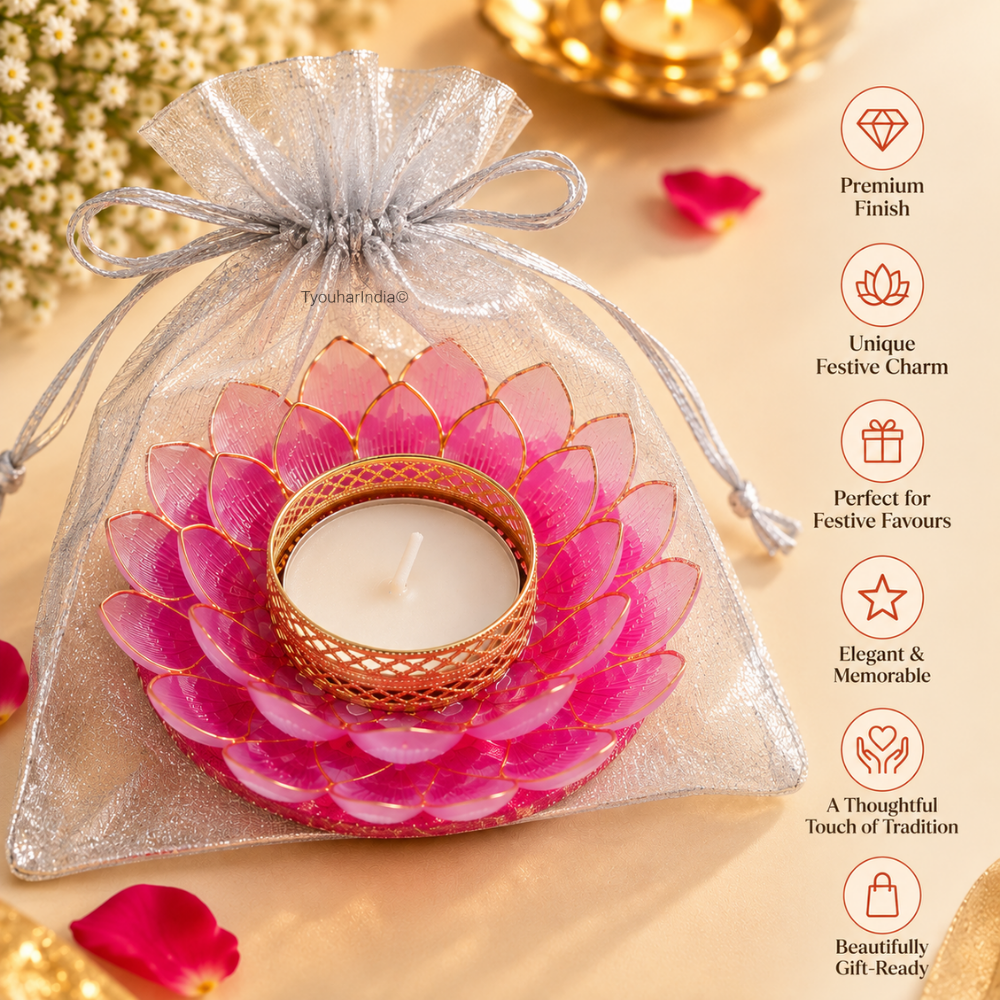 Gulbagh Fuchsia & Green Resin Lotus Diya Tea Light Candle Holder