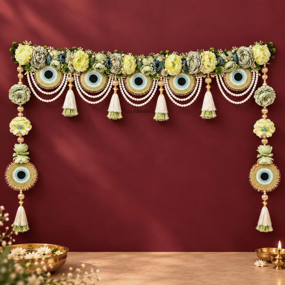 Sage Green Floral Evil Eye & Pearl Embellished Toran Bandhanwar