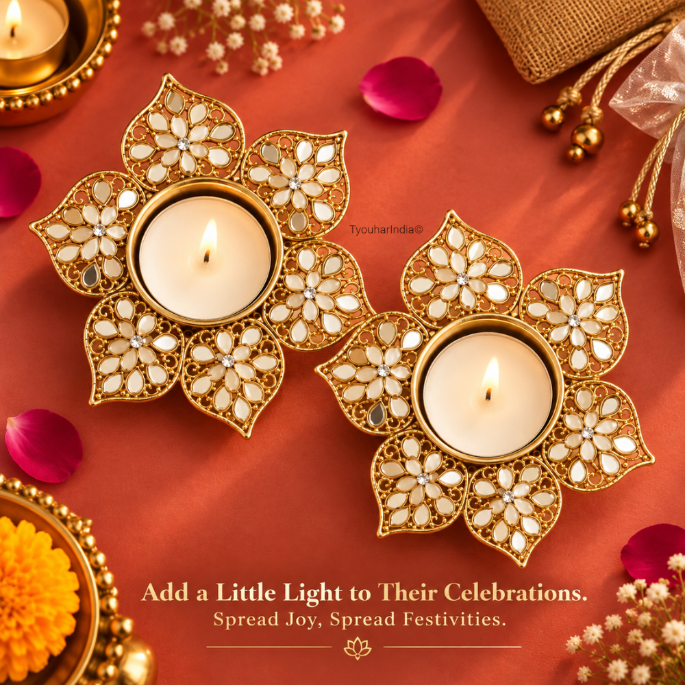 Rajpushp Daisy Floral Mirror Work Metal Diya Tea Light Candle Holder
