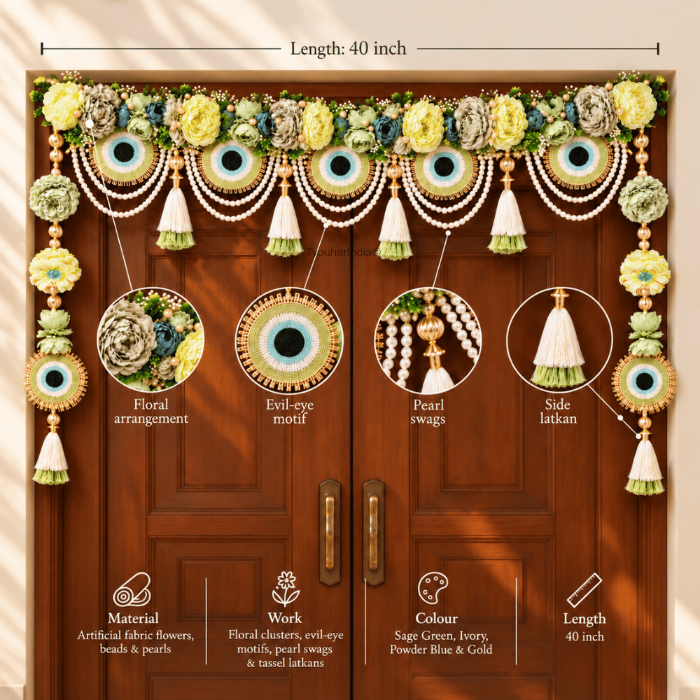 Sage Green Floral Evil Eye & Pearl Embellished Toran Bandhanwar
