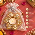 Rajpushp Daisy Floral Mirror Work Metal Diya Tea Light Candle Holder