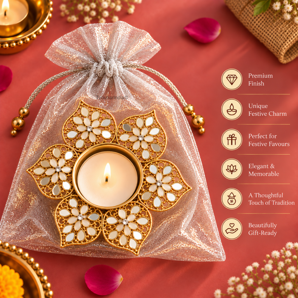 Rajpushp Daisy Floral Mirror Work Metal Diya Tea Light Candle Holder