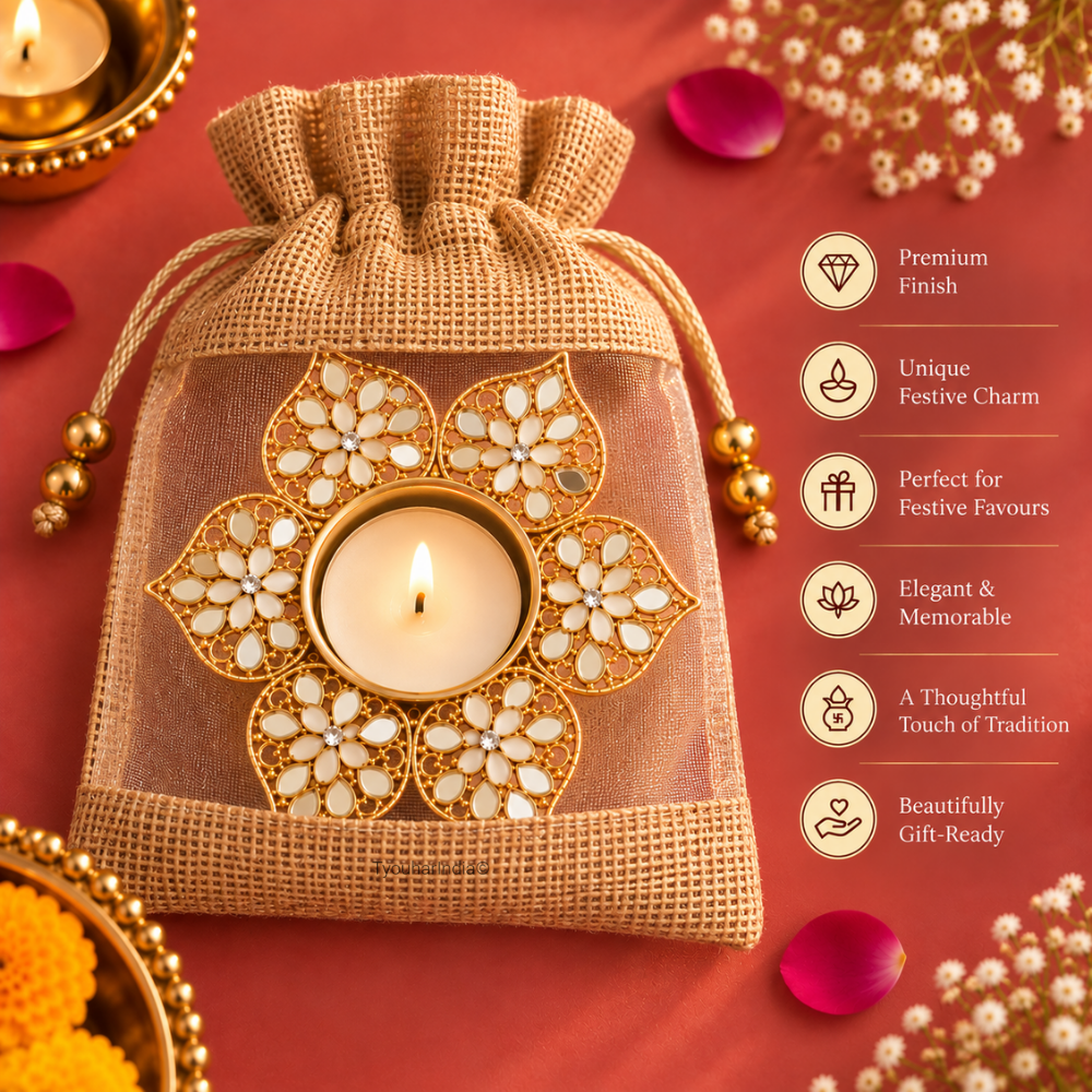Rajpushp Daisy Floral Mirror Work Metal Diya Tea Light Candle Holder