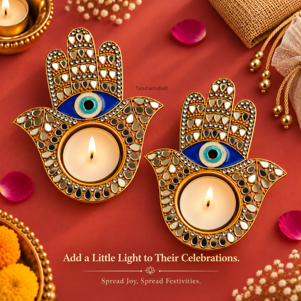 Nazarana Evil Eye Mirror Work Metal Hamsa Diya Tea Light Candle Holder
