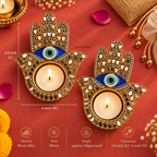 Nazarana Evil Eye Mirror Work Metal Hamsa Diya Tea Light Candle Holder