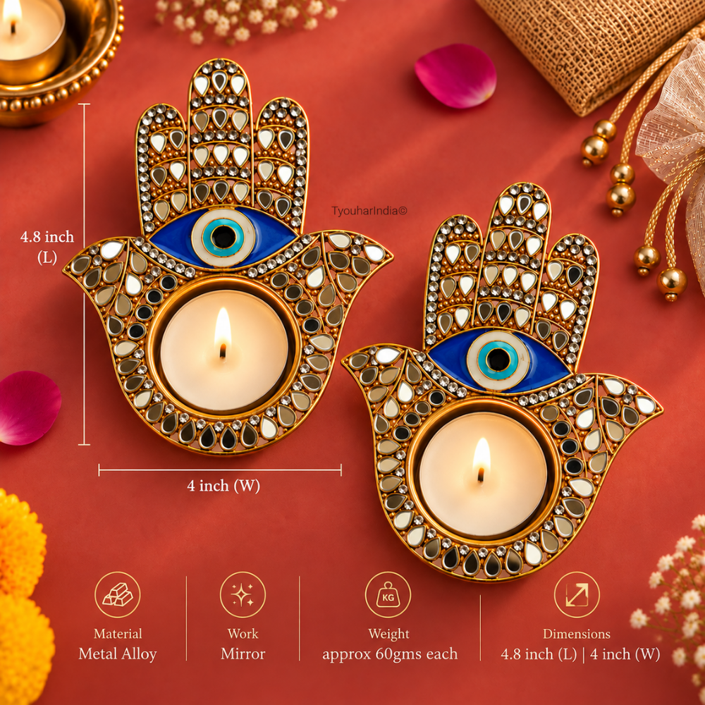 Nazarana Evil Eye Mirror Work Metal Hamsa Diya Tea Light Candle Holder
