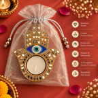 Nazarana Evil Eye Mirror Work Metal Hamsa Diya Tea Light Candle Holder