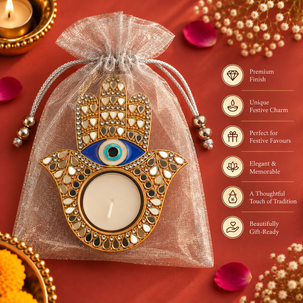 Nazarana Evil Eye Mirror Work Metal Hamsa Diya Tea Light Candle Holder