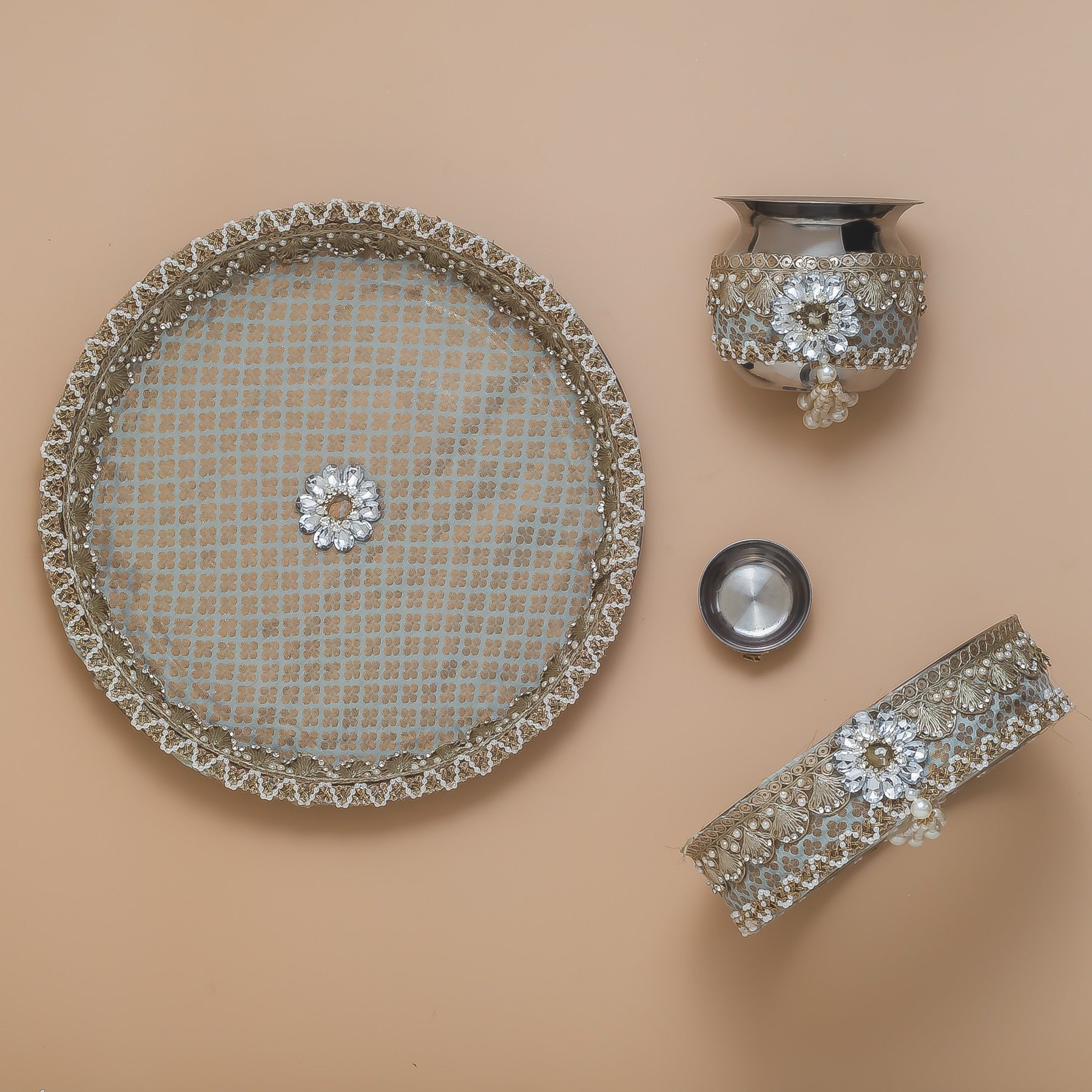 Karwa Chauth Pooja Thali Set – Olive Banarasi with Pearl, Stone & Tassel Detailing