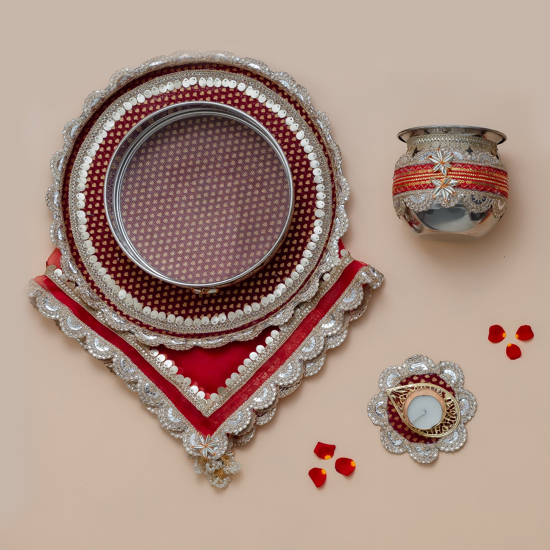 Karwa Chauth Pooja Thali Set with Cover – Handcrafted Red & Silver Gota Patti Design