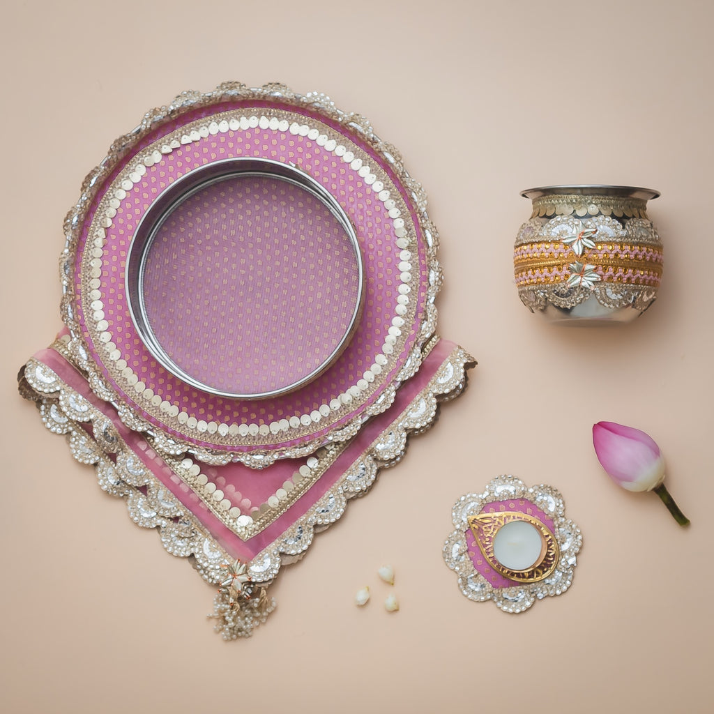 Karwa Chauth Pooja Thali Set with Cover – Handcrafted Pink & Silver Gota Patti Design