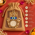 Nazarana Evil Eye Mirror Work Metal Hamsa Diya Tea Light Candle Holder